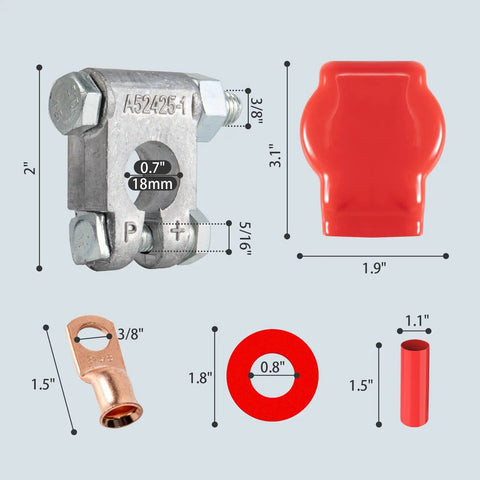 Heavy Duty Battery Terminal Connectors Kit With Copper Lugs Three Eighths Inch Heat Shrink Tubing Anti Corrosion Washers And Protective Covers For Cars Boats RVs Military Spec Positive Negative Post Terminals, showing components with dimensions.
