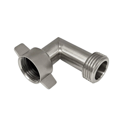 Stainless steel 90-degree hose elbow with 3/4 inch GHT threaded ends for RV garden hose, side view