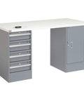 Hella Durable All Steel Pedestal Workbench 72X30 With Four Smooth Sliding Locking Drawers, gray steel frame, flat white ESD top.