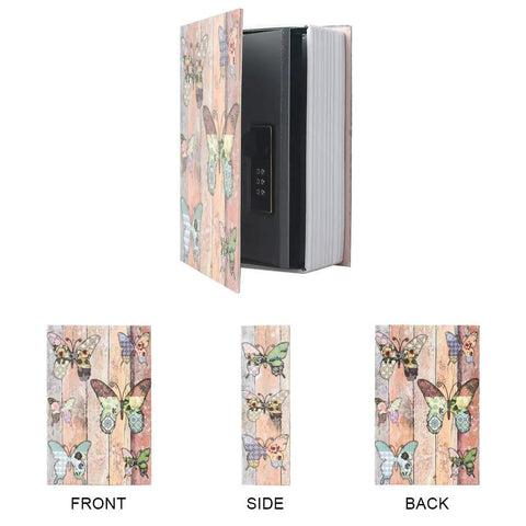Small Diversion Book Safe Storage Box With Hidden Compartment, metal can and security combination lock, butterfly design, front view.
