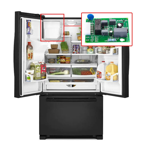 Replacement Fridge Defrost Control Board Compatible With Multiple Model Numbers Including 5303918476, 241508001, mounted inside fridge