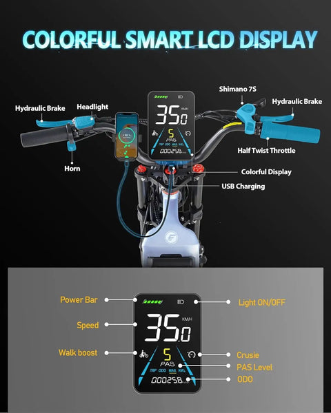 Colorful LCD display of Heavy Duty 1200W Electric Fat Tire Bike For Adults showing speed, power, and charging features.