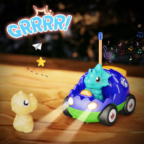 Two Pack Dinosaur Remote Control Cars For Toddlers Ages 2 To 5, blue dino RC car with music notes and dinosaur figure on table.