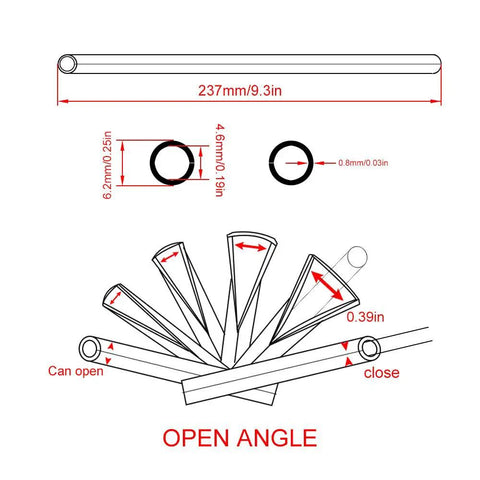 Technical drawing of 72Pcs Spoke Skin Covers Set Universal Protective Wheel Coil Wraps for Motorcycle Off Road SUV Bicycle Pink Durable UV Resistant Plastic with Easy One Side Slit Install Quickly Freshen Spokes Hide Rust and Add Cool Custom Style showing dimensions and slit design.