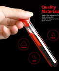 Hand holding 50 Pack Clear Plastic Test Tubes 16x100mm With Red Caps And Blue Rack Holder For Nurse Party Decor And Halloween Favors Durable Plastic Safe For Experiments And Stem Classroom Activities.