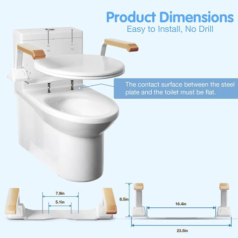 Rock Solid Heavy Duty Foldable Toilet Safety Rails For Seniors With Comfort Grip Armrests Handicap Bathroom Assist Bars Up To Five Hundred Twenty Lbs Easy Peasy Setup dimensions illustration on a toilet.