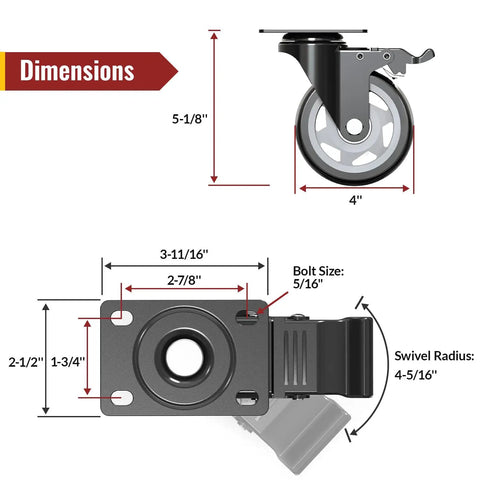 Dimensions of Beefy 4 Inch Heavy Duty Caster Wheels Set Of Eight with detailed measurements and swivel radius.