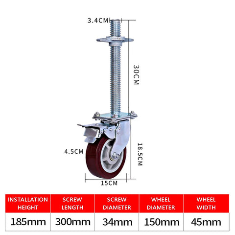 Set Of Two Tough As Nails Swivel Scaffold Wheels With 15 Cm Threaded Stem Industrial Casters featuring a 30cm screw for job site mobility.