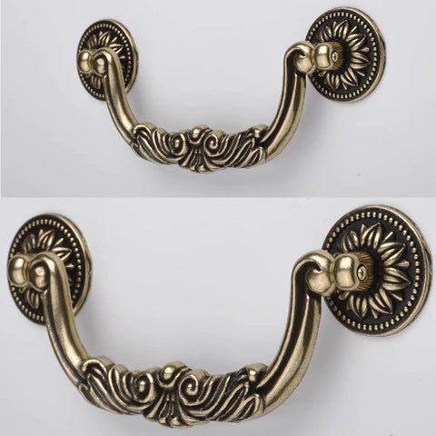 Set Of 6 Antique Bronze Drop Bail Cabinet Pulls With Carved Texture For Drawer Dresser And Closet Furniture, 5 Inch Hole Centers.