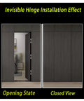 Invisible hinge installation effect showcasing open and closed states of 3 Pack Black Concealed Hinges For Invisible Secret Doors Heavy Duty Steel Hidden Hardware 180 Degree Adjustable Silent Room Divider Fittings No Sweat Setup Rock Solid Performance.