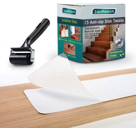 Clear Non Slip Stair Treads For Wooden Steps Indoor With Roller 15 PCS Pre Cut Peel And Stick Anti Slip Strips For Stair Runners