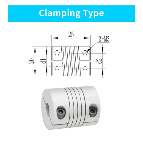Flexible Beam Coupling 6mm To 6.35mm Bore Aluminum Shaft Coupler 25mm Length 20mm Diameter For Stepper And Servo Motors, clamping type