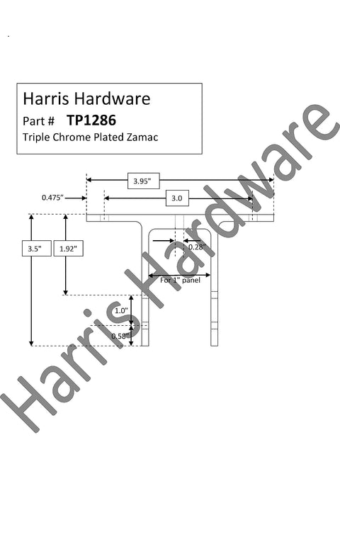 Technical diagram of Two Ear Die Cast Zamac Urinal Screen Bracket Chrome Plated For 1 Inch Panels with dimensions and specs.