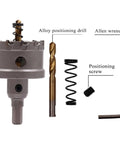 Ultimate Carbide Hole Saw Drill Set For Hard Metal And Stainless Steel With Multi Tooth Core Cutter Kit To Smash Through Tough Jobs Effortlessly In Your Garage Or Job Site For Serious Pros, shown with pilot drill, spring, screw, wrench