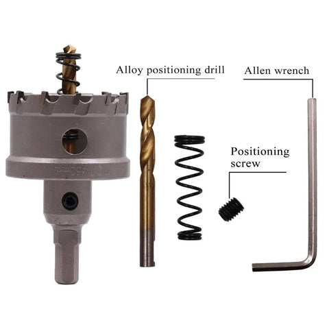 Ultimate Carbide Hole Saw Drill Set For Hard Metal And Stainless Steel With Multi Tooth Core Cutter Kit To Smash Through Tough Jobs Effortlessly In Your Garage Or Job Site For Serious Pros, shown with pilot drill, spring, screw, wrench