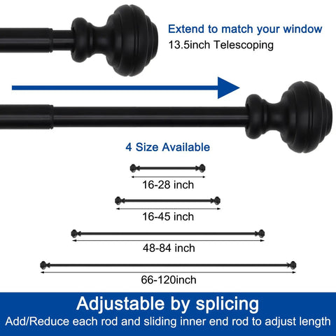 Heavy Duty Adjustable Curtain Rod Three Quarters Inch Matte Black 48 To 84 Inch No Tools Needed With Modern Finials diagram