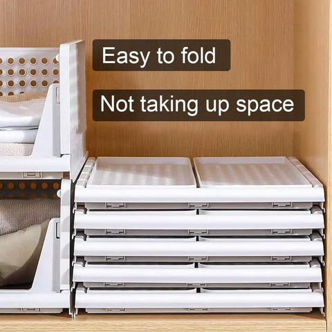 Four Pack Stackable Closet Organizers Bins For Kitchen Cabinets Pantry Office Bedroom Bathroom No Tool Needed White Durable Plastic Collapsible Drawer Baskets For Easy Foldable Storage And Space Saving Quick Clutter Control, folded view on shelf.