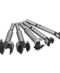 Professional Grade 5 Piece Forstner Drill Bit Set Sizes 15 Through 35 Millimeter with serrated cutting edges for precise boreholes.