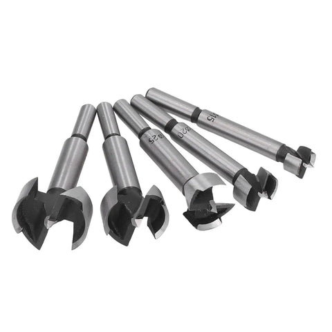 Professional Grade 5 Piece Forstner Drill Bit Set Sizes 15 Through 35 Millimeter with serrated cutting edges for precise boreholes.