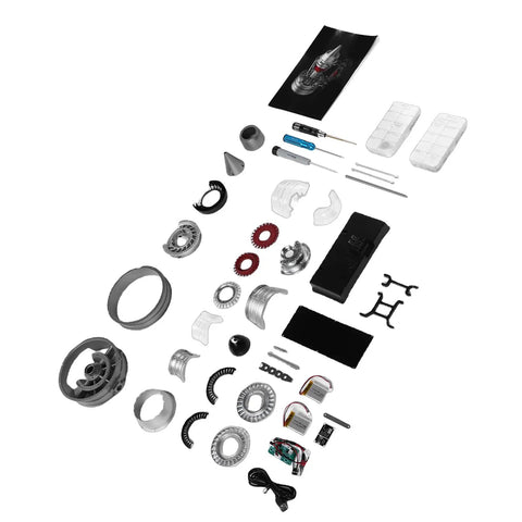Components of Aircraft Turbofan Engine Model Kit in Aluminum And Zinc Alloy 1 To 12 Scale Motor Driven laid out on a white surface.