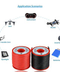 12 Gauge Silicone Wire Spool Red And Black 25ft Flexible 12 AWG Stranded Tinned Copper Wire Ultra Flexible Soft Silicone Rubber Low Impedance 680 Strand Count For RC Hobby LED Wiring, shown with application scenarios like UAV, model, instruments, and inverters.