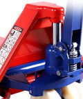 Heavy Duty Manual Pallet Truck Slams 8 Ton Loads With Rock Solid Hydraulic Power showing hydraulic mechanism and casters.