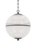 Straight Killer One Light Ceiling Pendant With Distressed Bronze Brass Frame And Textured Glass Dome damp rated, spherical shape.