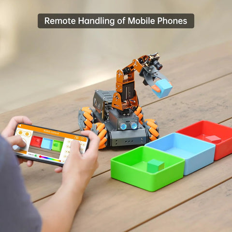 HiWonder 5DOF AI Vision Robotic Arm on orange-gray chassis, smartphone-controlled.