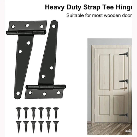 Four Pack Badass Heavy Duty T Strap Hinges Built Tough From Rustproof Wrought Iron With Classic Black Finish for door installation.
