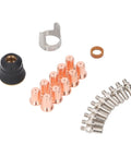 Jiawu Plasma Cutter Consumables Kit Durable Brass Parts showing nozzles and connectors for repairs and enhanced cutting quality.