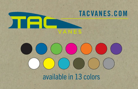 TAC vanes logo with 13 color options, including pink, for 2-Inch Shield Vanes In Pink, Pack Of 36 For Target And Field Archery.