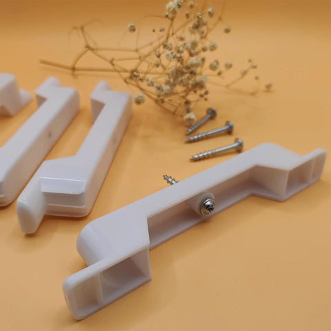 False Front Connector And Cabinet Clips Set For Four And A Half Inch Opening Drawers with clips and screws on display