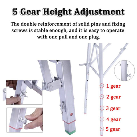Foldable Scaffold Platform With Adjustable Height And Length, Heavy Duty Work Tower displaying 5 gear height adjustment mechanism.