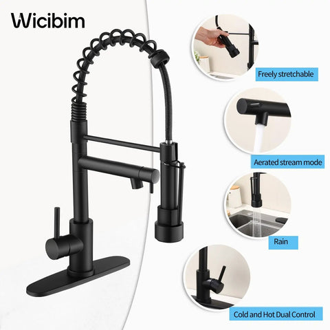 Top Shelf Matte Black Kitchen Faucet With Pull Down Sprayer Featuring Killer Dual Spray Functions And Lead Free Nsf Certified Build, showcasing dual control and aerated stream mode.
