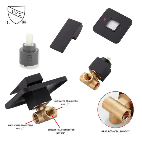 Components of Black Shower Faucet Kit With Rough In Valve And 8 Inch Square Stainless Steel Rainfall Shower Head For A Simple Upgrade
