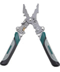 Solid Real Deal 16 In 1 Foldable Wire Stripper And Multifunctional Pliers showing Cr-V steel design and comfortable rubber grips.