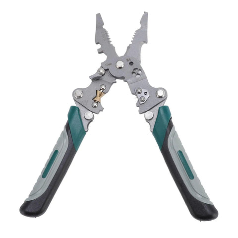 Solid Real Deal 16 In 1 Foldable Wire Stripper And Multifunctional Pliers showing Cr-V steel design and comfortable rubber grips.