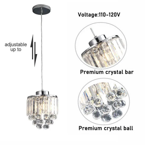 Set Of 2 Polished Crystal Pendant Lights With Cord Adjustable Hanging for modern kitchen and dining room, close-up view