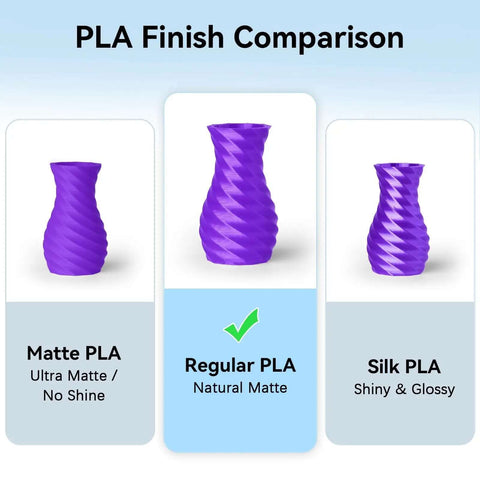 PLA finish comparison showing Regular PLA Natural Matte with vase designs, highlighting differences between Matte PLA and Silk PLA.