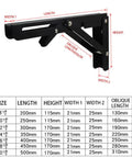 Legit Heavy Duty Folding Shelf Brackets Solid Steel Wall Mounted Space Saver With Rock Solid Two Hundred Twenty Pound Capacity For Tables Work Benches Rustic Home Storage size chart with measurements in millimeters.