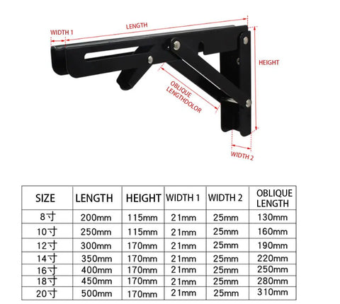 Legit Heavy Duty Folding Shelf Brackets Solid Steel Wall Mounted Space Saver With Rock Solid Two Hundred Twenty Pound Capacity For Tables Work Benches Rustic Home Storage size chart with measurements in millimeters.
