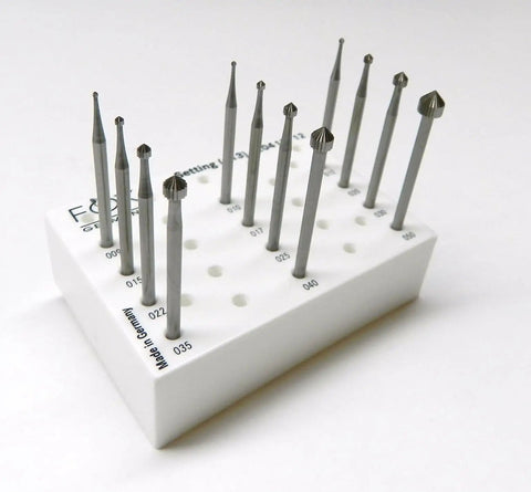 Stone Setting Burs 12 Piece Jewelry Making Kit 009 To 050 With Three Thirty Second Inch Shank Fig 413 displayed on a white block