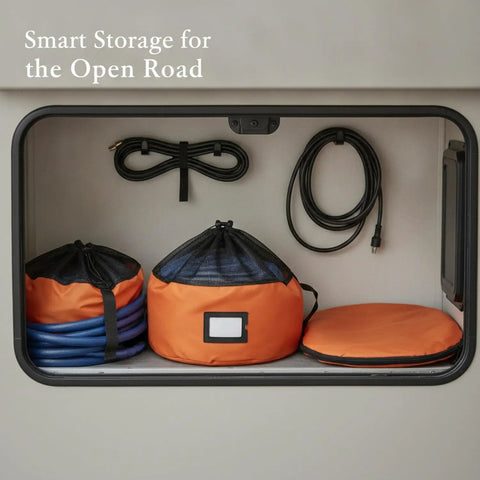Heavy-Duty RV Water Hose Storage Bag With Secure Closure, 600D Oxford Cloth Carrier in RV storage compartment