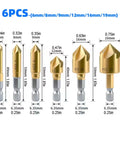 Six-Piece 5-Flute Titanium-Plated Countersink Drill Bit Set, 1/4 Inch Hex Shank, 6-19mm Range, High Carbon Steel Visible
