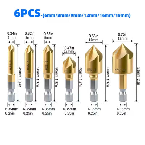 Six-Piece 5-Flute Titanium-Plated Countersink Drill Bit Set, 1/4 Inch Hex Shank, 6-19mm Range, High Carbon Steel Visible