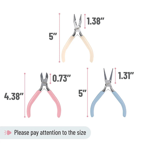 Three Piece Jewelry Pliers Set With Needle Nose Round Nose And Side Cutter For Beading Wire Wrapping Jump Rings And Jewelry Repair Ideal DIY Craft Tool Kit For Makers And Hobbyists with tri-color grips, dimensions shown.