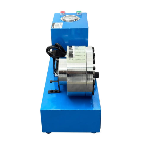 Top Shelf Heavy Duty Electric Hydraulic Hose Crimper With Killer Five Ton Punch And Lightning Fast Eight Die Swap Kit For Zero Hassle 110V Garage Service On Six To Twenty Eight Millimeter Tubing side view showcasing the compact design and stainless steel components.