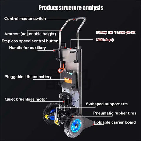 Heavy Duty Electric Stair Climbing Hand Truck With Massive 400kg Carrying Capacity And Super Smooth Brushless Motor Power features battery, speed control.