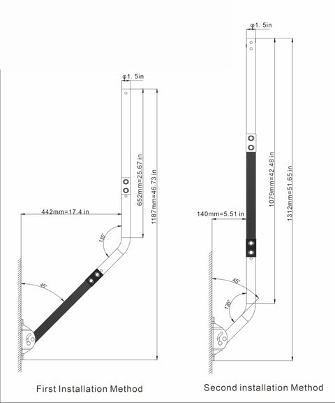 Diagram of Extension Pole For J Pole Mount 1.5 Inch Diameter, 16.5 Inch Length, showing installation methods with measurements.