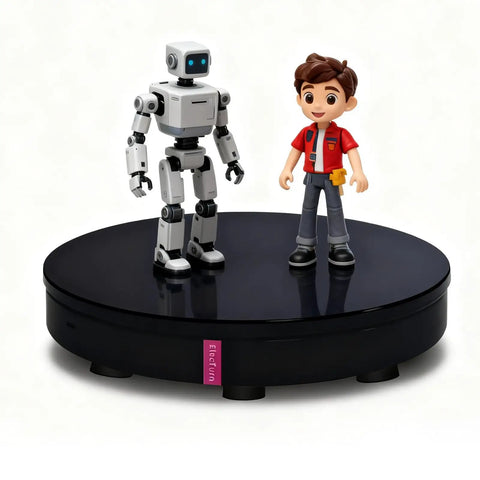 360 Electric Turntable Rotating Display Stand With Knob Control USB Power Base For Jewelry Shoes And Glitter Cups Shooting White 16 inch displaying a robot and a boy figure.